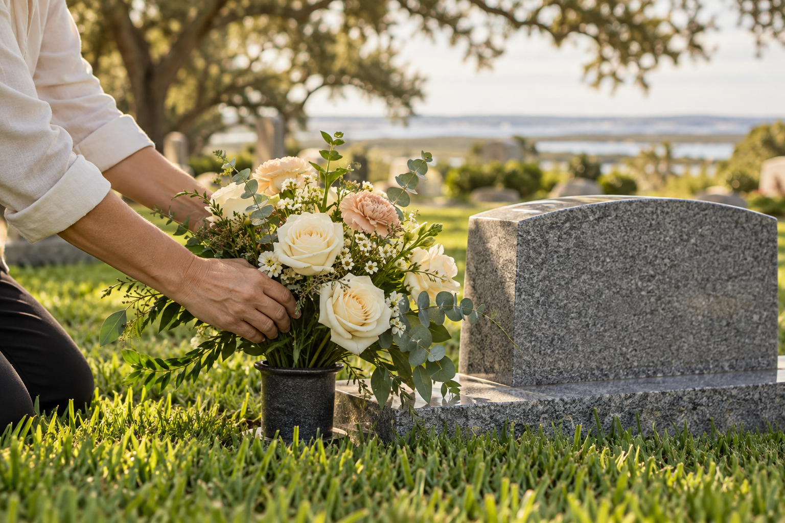 Illustration of hands arranging cream and peach flowers beside a granite grave marker