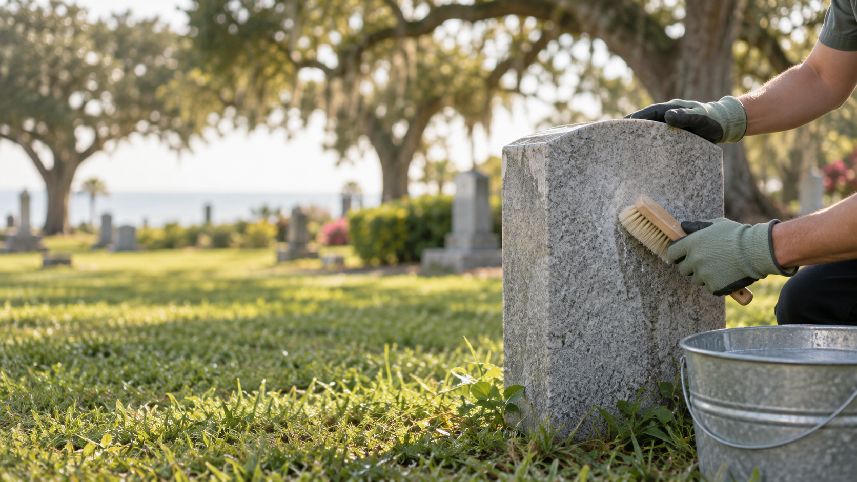 Illustration of gentle hand cleaning of a granite grave marker