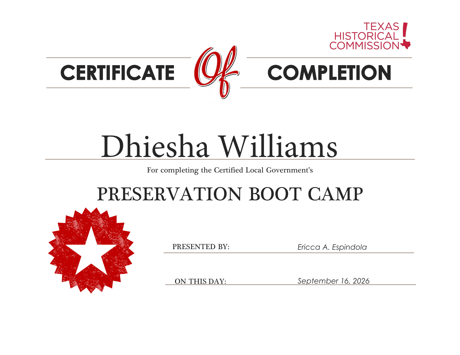 Texas Historical Commission certificate of completion for Dhiesha Williams, Preservation Boot Camp, September 16, 2026